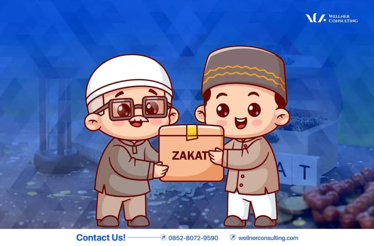 Two cartoon children exchanging a Zakat donation box in a mosque setting.