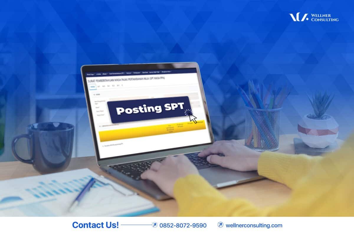 Laptop menampilkan halaman Posting SPT di Coretax, fokus pada pelaporan pajak.