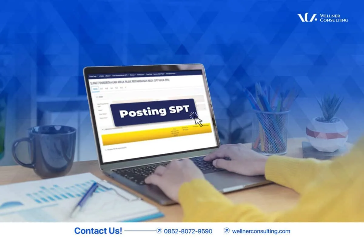 Laptop menampilkan halaman Posting SPT di Coretax, fokus pada pelaporan pajak.